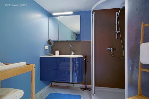 uma casa de banho azul com um lavatório e um chuveiro em Gîte les gadlis em Aywaille