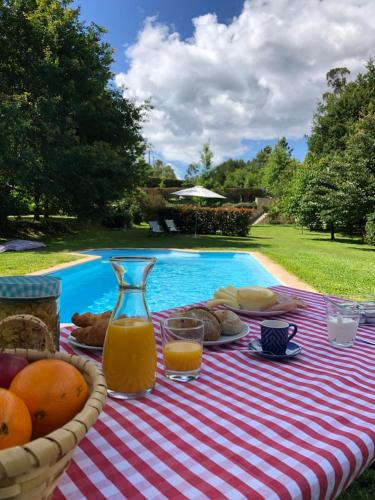 a picnic table with food and orange juice next to a pool at Quinta Lamosa Agroturismo in Arcos de Valdevez