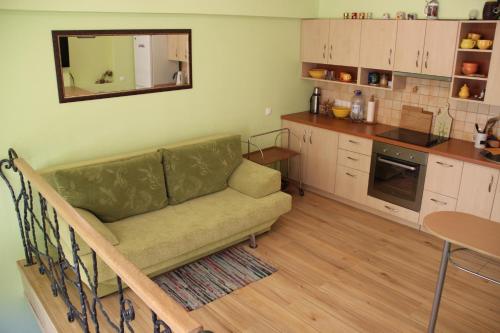 sala de estar con sofá y cocina en Kalnas apartaments, en Juodkrantė