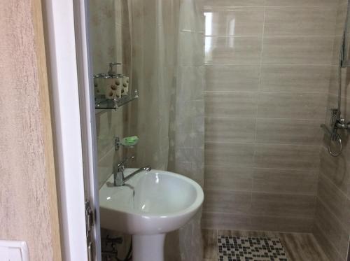 a bathroom with a sink and a toilet and a shower at GUEST HOUSE DAVID in Sighnaghi