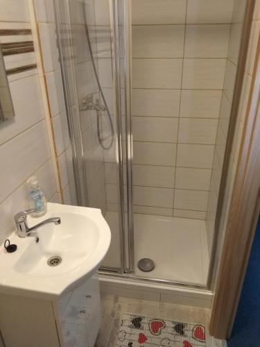 a bathroom with a shower and a sink at CENTRO in Štúrovo