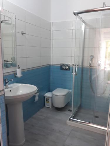 a bathroom with a shower and a toilet and a sink at Beleris Rooms in Himare