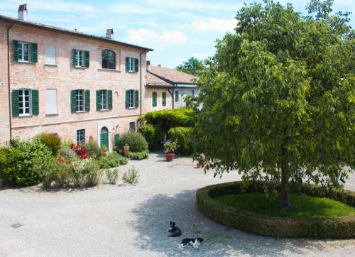 two cats are sitting in a courtyard next to a tree at Corte La Volta in Piacenza