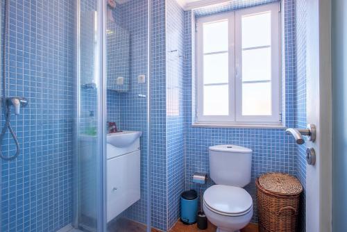 La salle de bains est pourvue de carrelage bleu, de toilettes et d'un lavabo. dans l'établissement MyPlaceLisbon - Mouraria Duplex, à Lisbonne