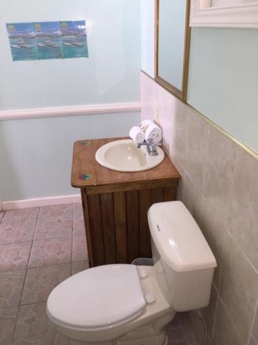 a bathroom with a toilet and a sink at Graham's Place in Guanaja