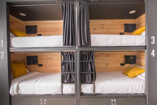 two bunk beds in a room with wooden walls at Tinto Dreams Hostel in Haro