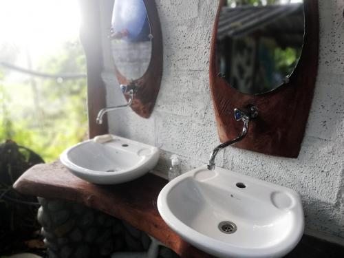 baño con lavabo y espejos en la pared en Jungle Roots, en Tena