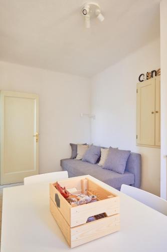 a living room with a couch and a box on a table at Casa Laurentius in Pisa