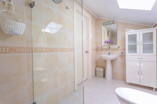a bathroom with a shower and a toilet and a sink at Number 8 Olivia Apartments in Oludeniz