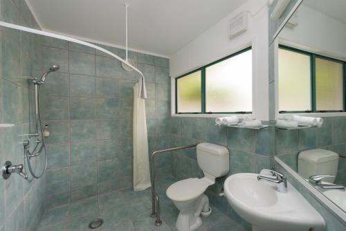 a bathroom with a shower and a toilet and a sink at Te Tiriti Motel in Paihia