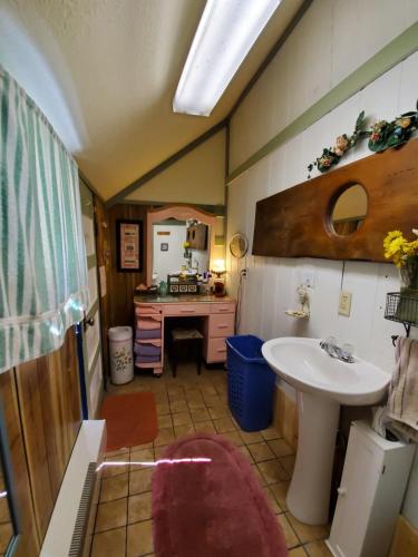 a bathroom with a sink and a desk at Bristol Cabins in Lava Hot Springs