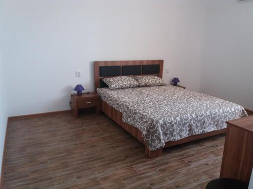 Schlafzimmer mit einem Bett und Holzboden in der Unterkunft Vila Gedar in Costinești