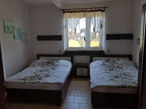 dwa łóżka w pokoju z oknem w obiekcie Pokoje Gościnne-Kwatera u Evy w Swarzewie