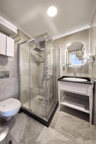 a bathroom with a shower and a toilet and a sink at Albinas Hotel Old City in Istanbul