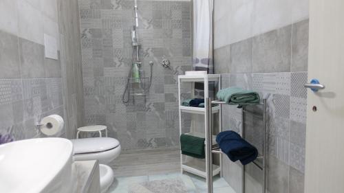 a bathroom with a shower and a toilet and a sink at Corte Risco in Ogliastro Cilento