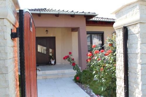 a house with a red door and a bush of flowers at Sia & Sophie House Oradea in Sîntandrei
