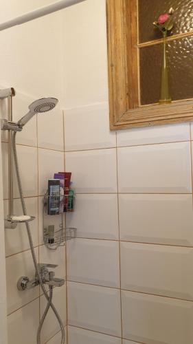 a shower head in a bathroom with a mirror at Camino Cesis in Cēsis