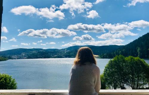 a woman sitting on a fence looking at a lake at Le Chalet au bord du lac in Gérardmer