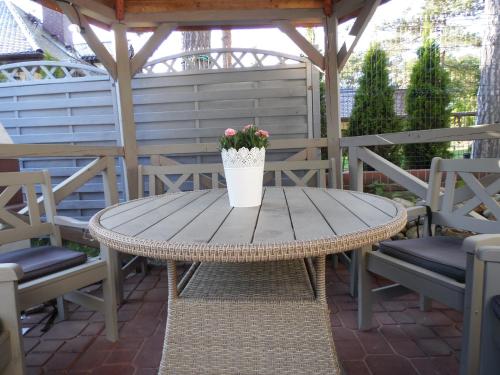 une table en bois avec une plante en pot sur une terrasse dans l'établissement Domki i Apartamenty El-Piero, à Pobierowo