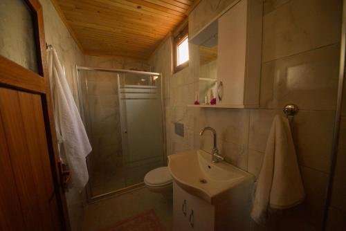 a bathroom with a sink and a toilet and a shower at EM-BA BUTİK BUNGALOV in Demre