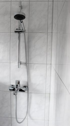a shower with a shower head in a bathroom at ZV-Scholtz Gästehaus Neuötting Simbacher Straße 7 in Neuötting