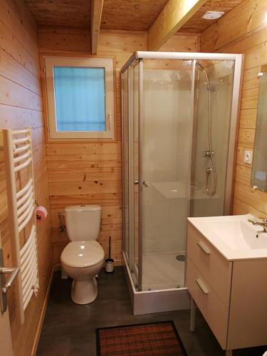 une salle de bain avec une douche, des toilettes et un lavabo dans l'établissement La Cabane - Bassin d'Arcachon - Gujan-Mestras, à Gujan-Mestras