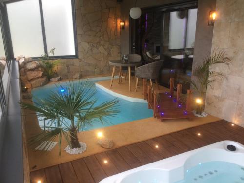 B&B Villa sensorielle في نيس: حمام به حمام سباحة مع حوض استحمام