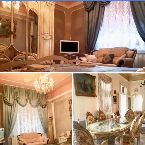 twee foto's van een woonkamer en een eetkamer bij Ádám Apartmanház in Szeged