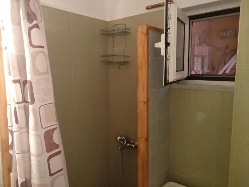 a bathroom with a shower with a toilet and a window at Despoina Rooms in Tsoukalades