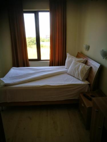 a bed in a room with a window at Aparthotel Afrodita 2 in Sinemorets