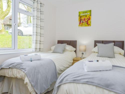 twee eenpersoonsbedden in een kamer met een raam bij 12 Valley Lodge in Gunnislake