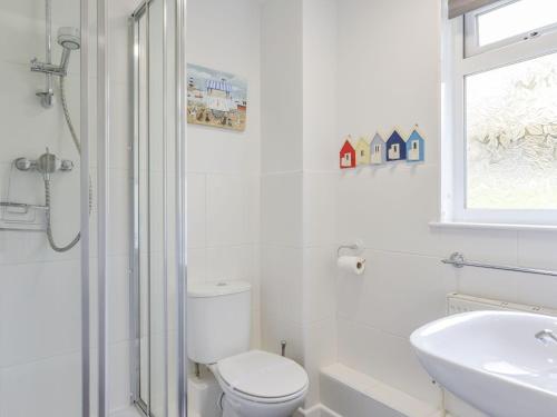 een witte badkamer met een toilet en een wastafel bij 12 Valley Lodge in Gunnislake