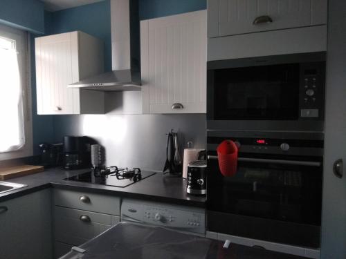 La cuisine est équipée de placards blancs et d'un four avec plaques de cuisson noires. dans l'établissement NIBENAMA, à Gérardmer