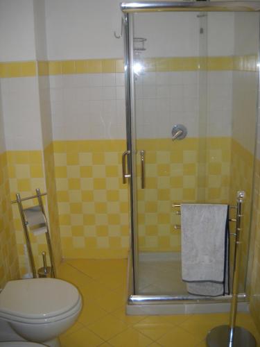 uma casa de banho com um WC e uma cabina de duche em vidro. em Casa vacanze IL VIOLINO em Cremona