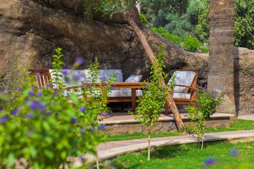 a wooden bench sitting in a garden with flowers at AMOSSİA Elite Boutique Hotel in Turunc