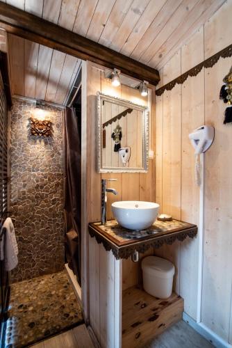 une salle de bain avec un lavabo, un miroir et une douche dans l'établissement VILLA ZENITH Hostel - LA MAISON, à Lacanau