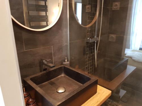 bagno con lavandino e specchio di L'Echiquier de Normandie confort cosy et vue premium a Rouen