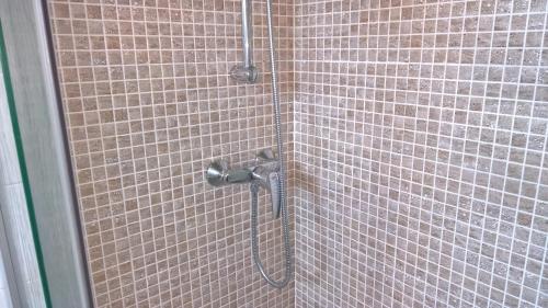 a shower in a bathroom with a tile wall at Hotel Ristorante alla Campagna in San Giovanni Lupatoto