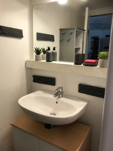 La salle de bains est pourvue d'un lavabo blanc et d'un miroir. dans l'établissement joli studio au coeur de Verdun, à Verdun-sur-Meuse