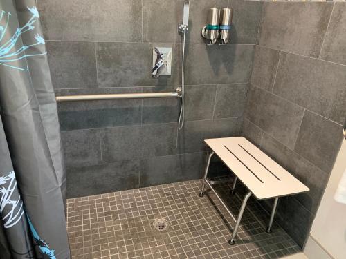 a bathroom with a shower with a bench in it at Muir Lodge Motel in Martinez
