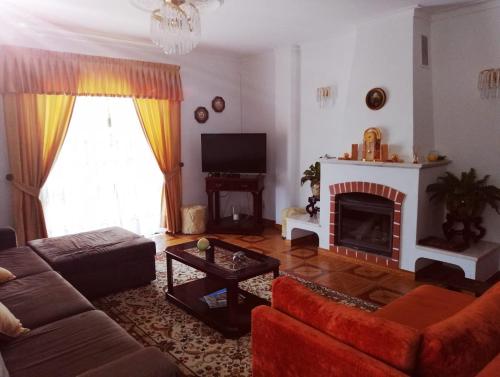 a living room with a couch and a fireplace at Vivenda Ribeiro in Lagos