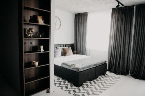 a bedroom with a bed and a book shelf at ERTA Anykščių Namai in Anykščiai