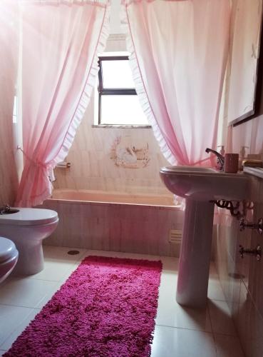 a bathroom with a sink and a toilet and a pink rug at Vivenda Ribeiro in Lagos
