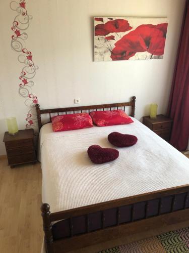 Un dormitorio con una cama con almohadas rojas. en Gratarre 2 en Kuressaare