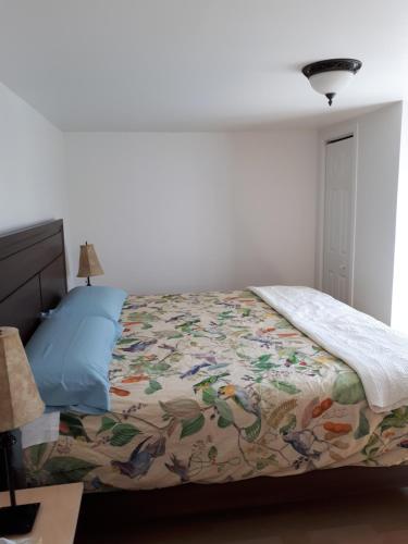 1 dormitorio con 1 cama con una manta colorida en Les Appartements de La Bergeronnette, en Grandes-Bergeronnes