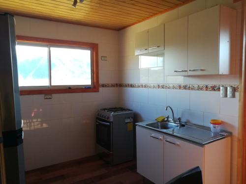 a small kitchen with a sink and a stove at Cabañas Pino Solo in Lonquimay