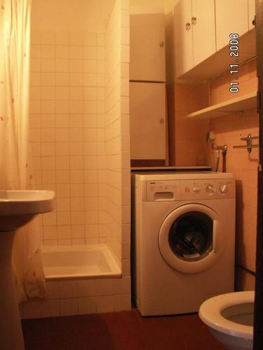 une salle de bain avec machine à laver et toilettes dans l'établissement Appartement Camargue, à Saintes-Maries-de-la-Mer