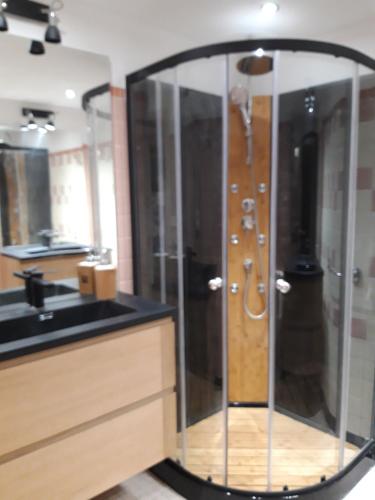 une douche en verre dans une salle de bain avec un lavabo dans l'établissement Villa les Bisets 497 rue de fenelon, à Carlux