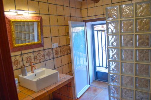 a bathroom with a sink and a mirror and a shower at Casa Azafrán in Torrijo del Campo