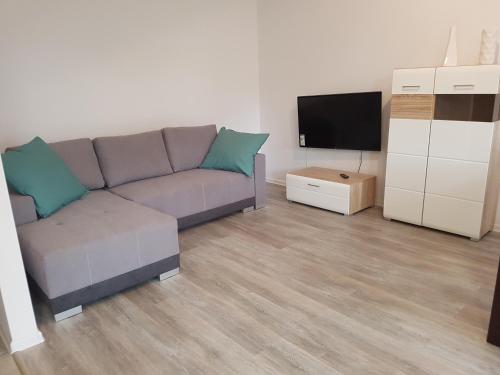 ein Wohnzimmer mit einem Sofa und einem Flachbild-TV in der Unterkunft Narutowicza Modern Apartment in Słupsk